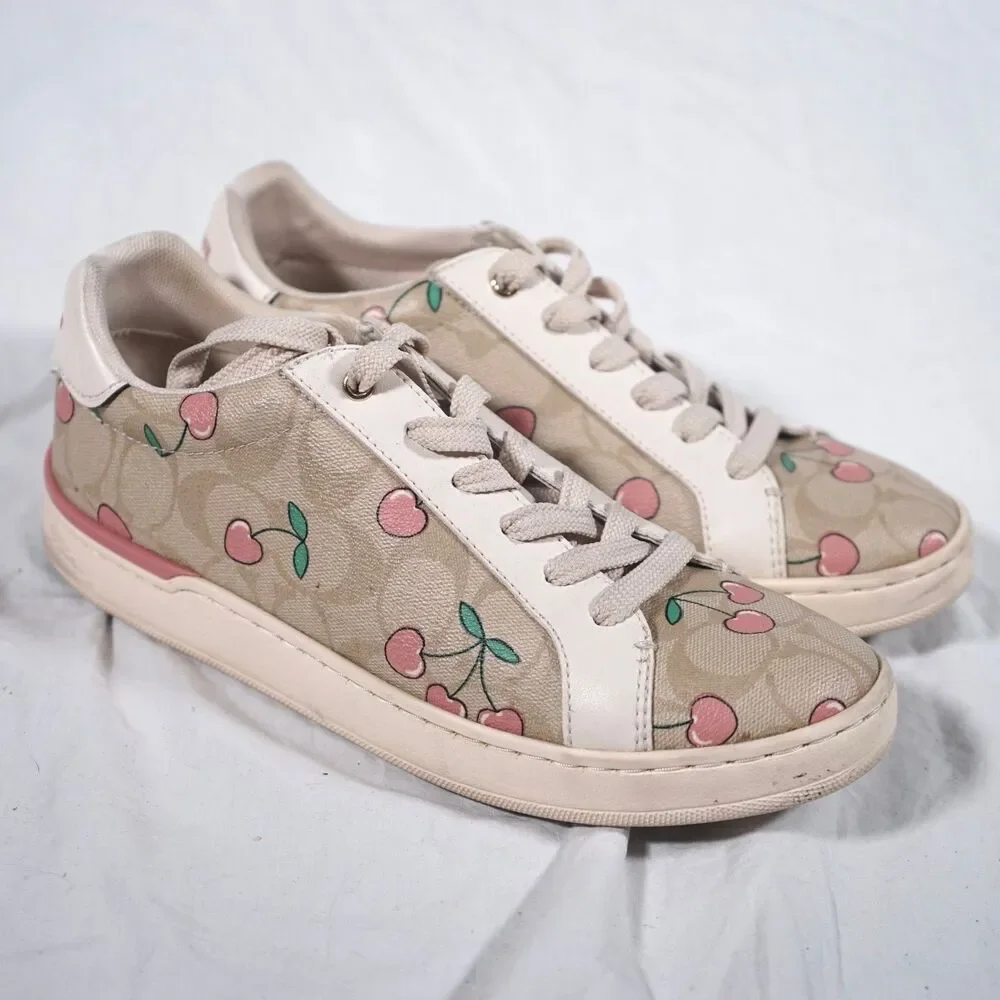 Coach Cherry All Over Print Sneakers Tan Beige Pink Women's 8.5B RARE